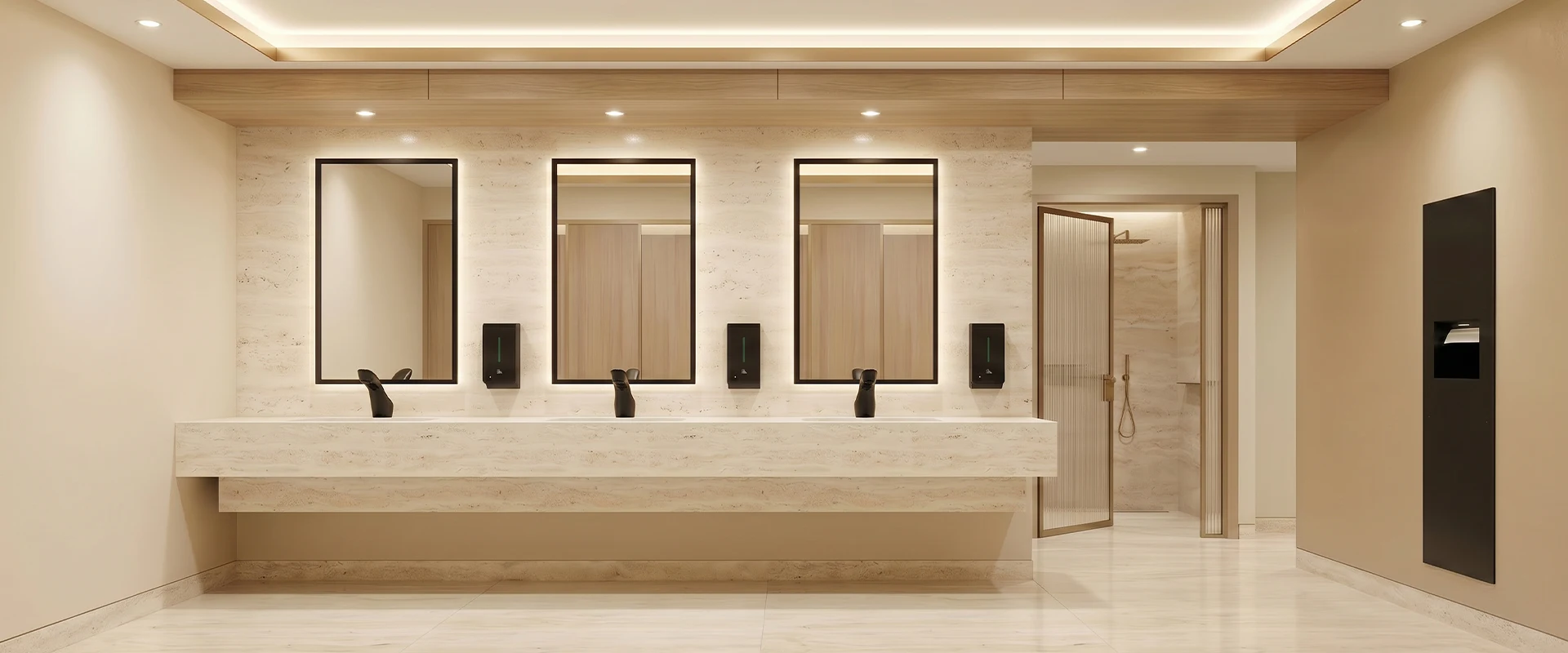 Illustrative commercial washroom with mirrors and accessory fittings